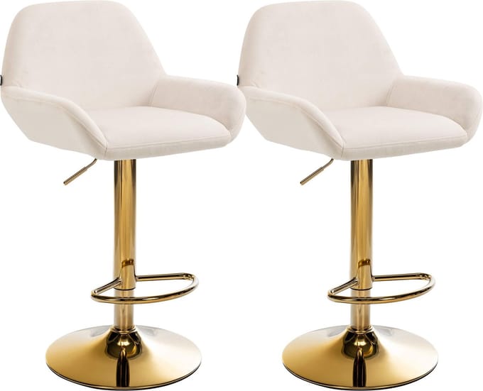 CLP Braga Set van 2 barkrukken - Met rugleuning - Met gouden frame - Verstelbaar - Fluweel - Velvet - creme