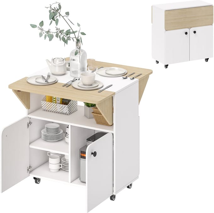 HOMCOM Opklapbare Eettafel Spaanplaat, staal 70L x 83B x 75H cm Wit + Natuurlijk hout
