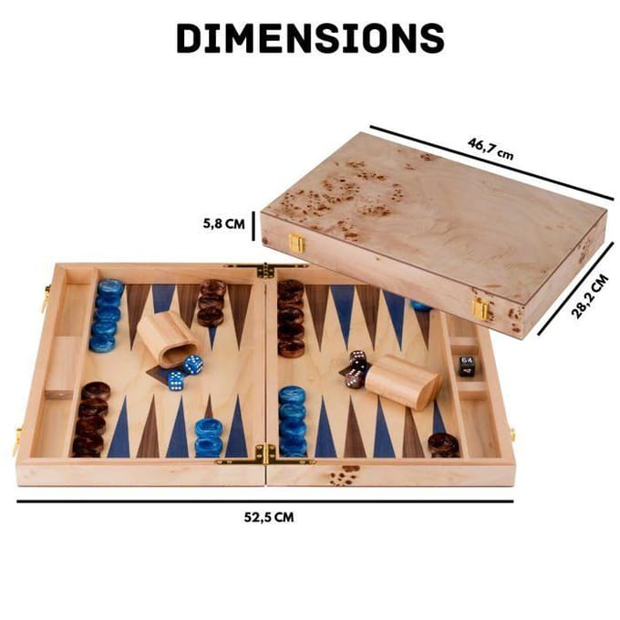 Backgammon de Luxe Bois - ENGELHART - 18 pouces (52x45,5 cm) Bois de ronce & noyer - Pions bleu/brun - Valise rigide bleu