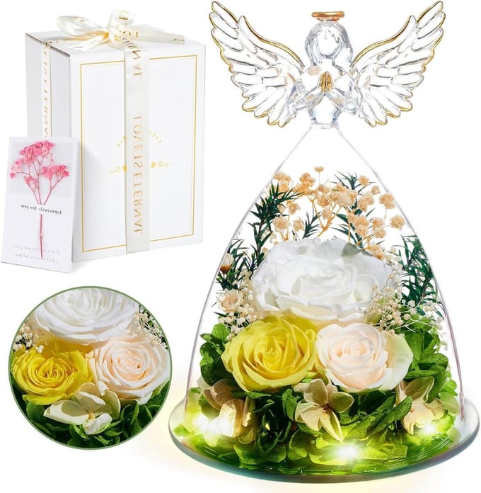 Eeuwige Roos - Bewaarde Bloem - Decoratie - Met Engel - 14x14x20.5 cm - Wit
