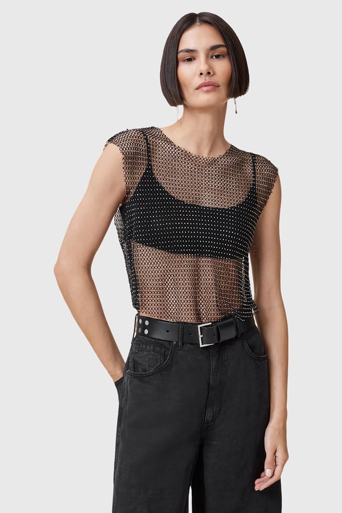 AllSaints Calytrix Sparkle Top Black Maat: 6 | Blouses Outlet | Dames | Zwart