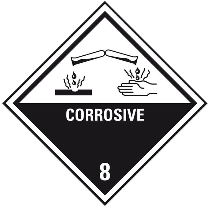 ADR klasse 8 sticker bijtende stoffen met tekst 200 x 200 mm