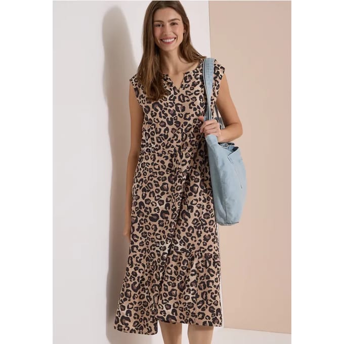 Midi-jurk met split in de hals en luipaardprint
