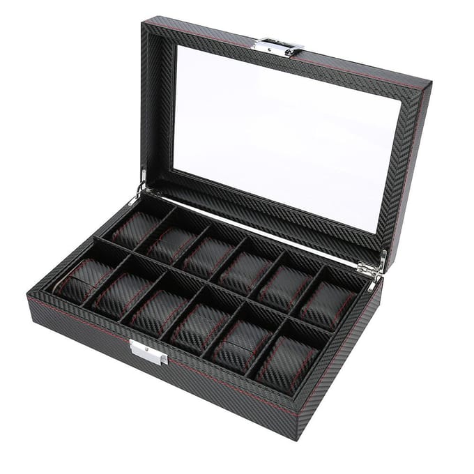 12 vakken Horloge Display Opbergdoos Horloge Organizer Koffer PU Leer black