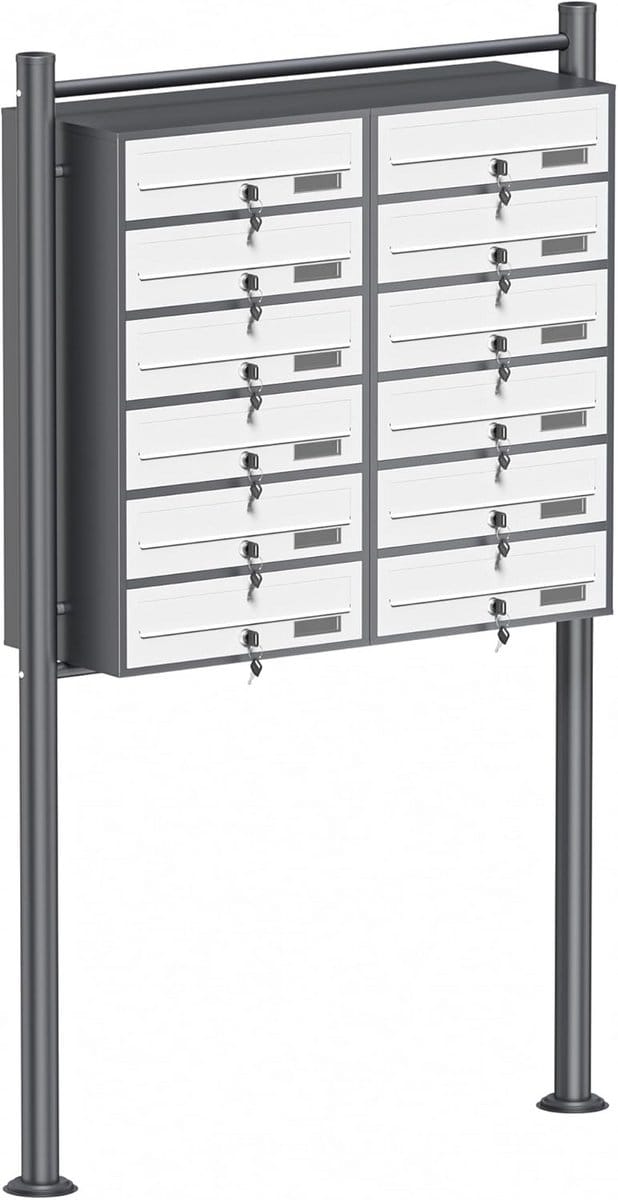Mailbox systeem met 12 brievenbussen en standaardbasis, gepoedercoat in antraciet-wit