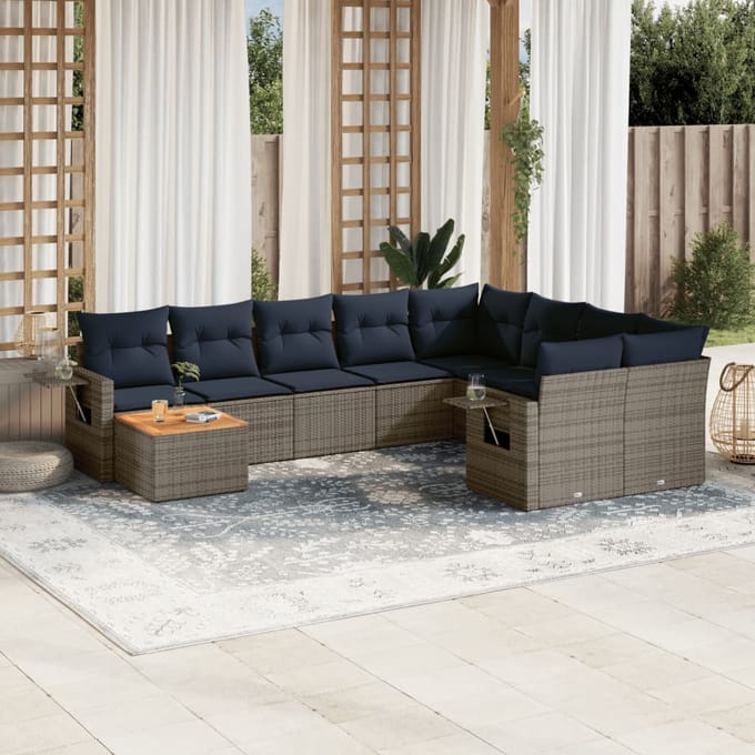 vidaXL - 10-delige - tuinbankset - met - kussens, - grijs - polyrotan