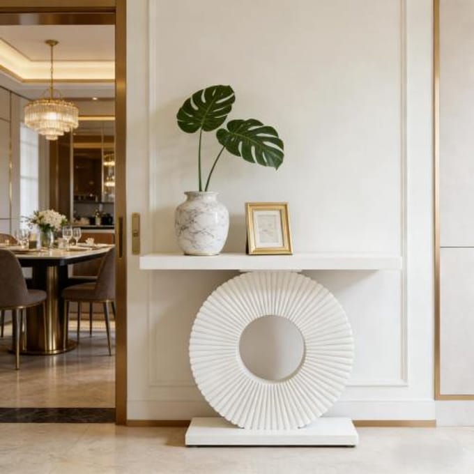 MIVRAY Consoletafel - Elegant Met Bloemvormig Frame - Voor Hal En Woonkamer - MDF En Metaal - Wit