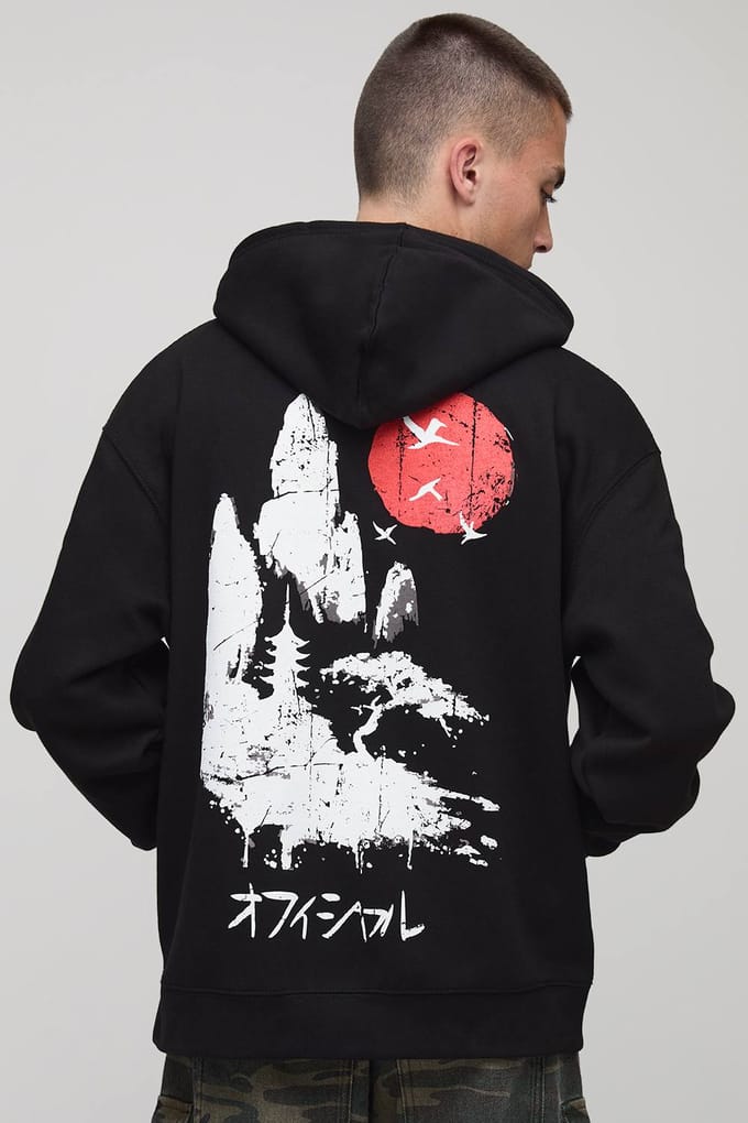 Zwarte oversized Tokyo-bedrukte hoodie | Black | Size XL