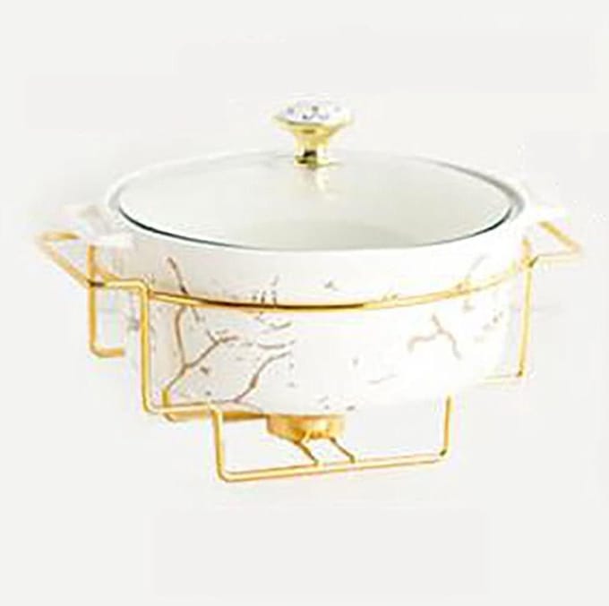 Warmhoudplaat Buffet - Chafing Dish Set - Feestelijk Dineren - Keramisch Marmerlook - 2 Liter Inhoud - Wit