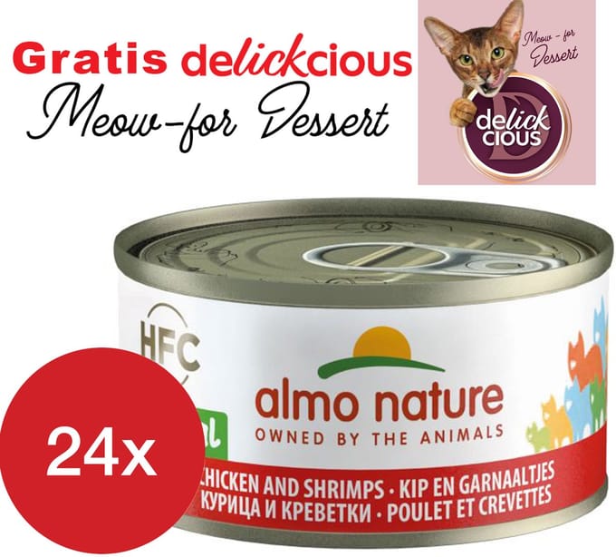 Almo Nature kip en garnaaltjes 24 x 70 gram met GRATIS Delickcious dessert