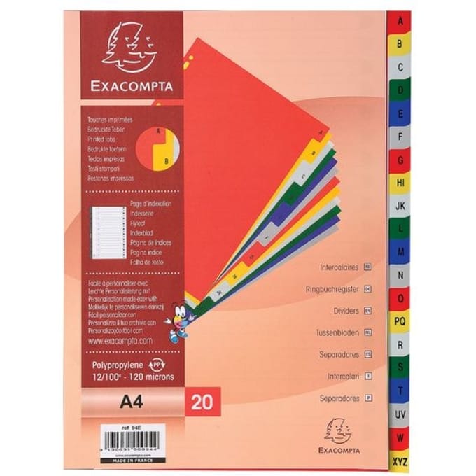 Exacompta tabbladen voor ft A4, uit PP, van A tot Z, 20 tabs, met indexblad, geassorteerde kleuren