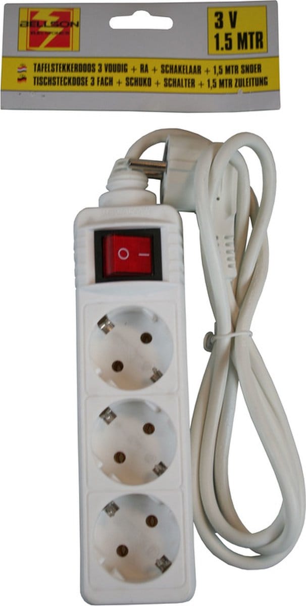 Benson stekkerdoos - 2x stuks - 3-voudig - wit - randaarde en schakelaar - 1,5M