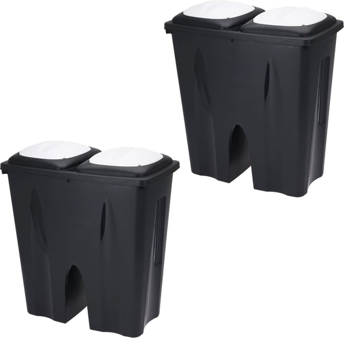 Storage Solutions - 2x - Afvalscheiding prullenbak - 50L - gerecycled kunststof - zwart