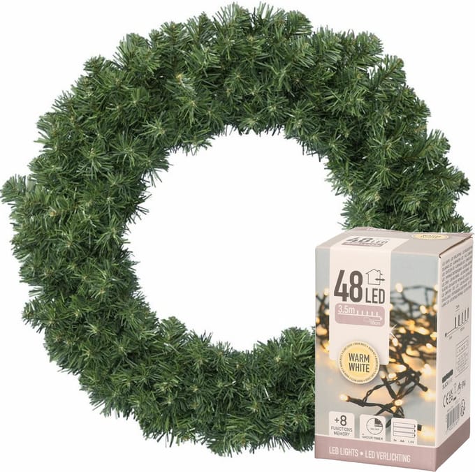 Decoris Kerstkrans groen - 35 cm diameter - verlichting warm wit - 48 lampjes
