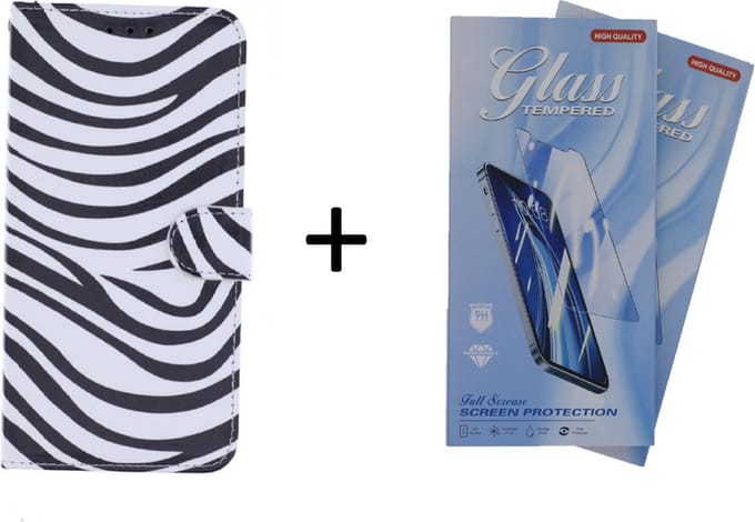 Bookcase Geschikt voor: iPhone 14 Plus Zebra - portemonee hoesje met 2 stuks Glas Screen protector - ZT Accessoires