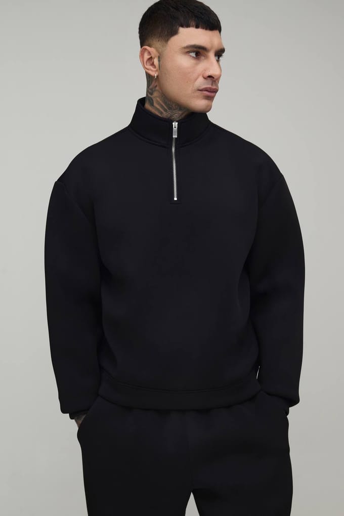 Tall Oversized Boxy Bonded Scuba Zip Funnel Neck & Oversized Jogger Tracksuit | Black | Size Medium