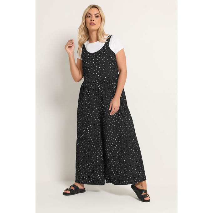 Yours Zwarte Jumpsuit Met Polkadots, Getextureerd Size 48