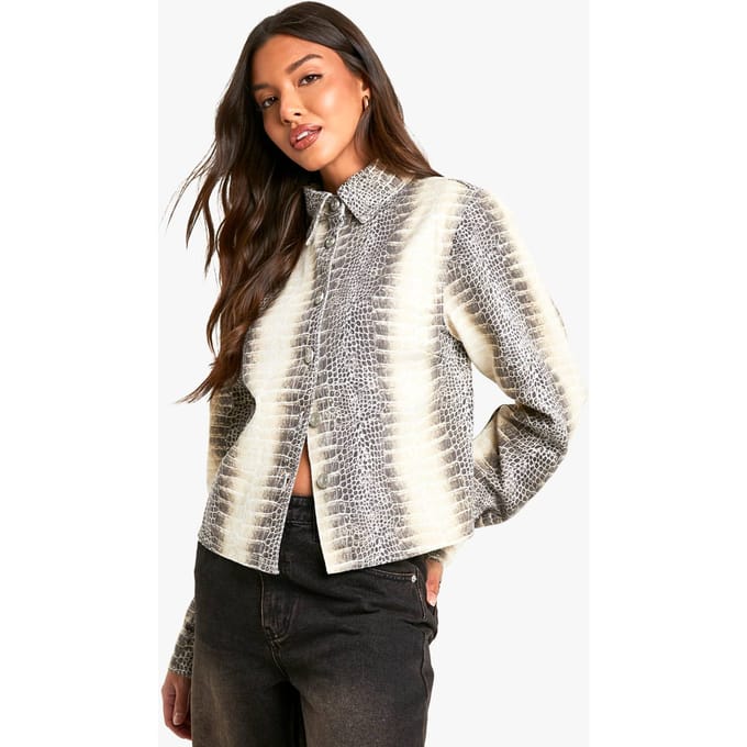 boohoo Dames Nep Krokodil Denimshirt | Natural | Maat: 34