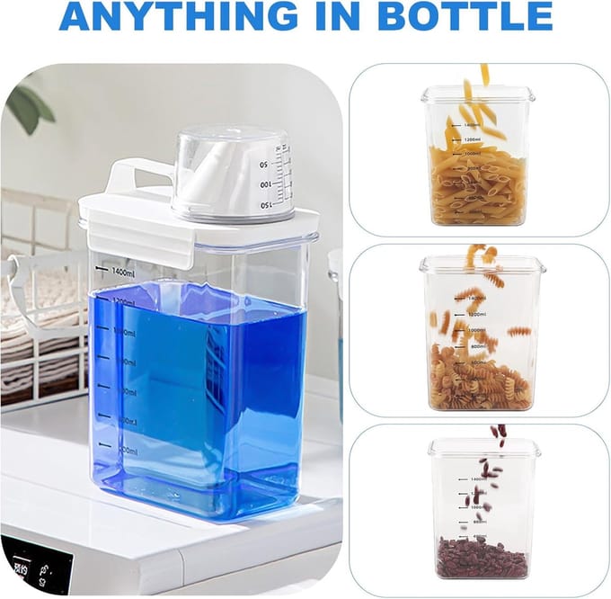 Candala wasmiddeldispenser voor luchtdicht wasmiddel met maatbeker, wasmiddeldispenser, houder voor wasmachine, transparant, doseerder voor wasmiddel met weegschaal
