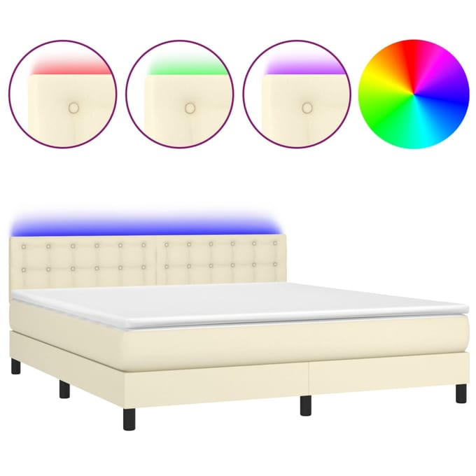 vidaXL - Boxspring - met - matras - en - LED - kunstleer - crèmekleurig - 160x200 - cm