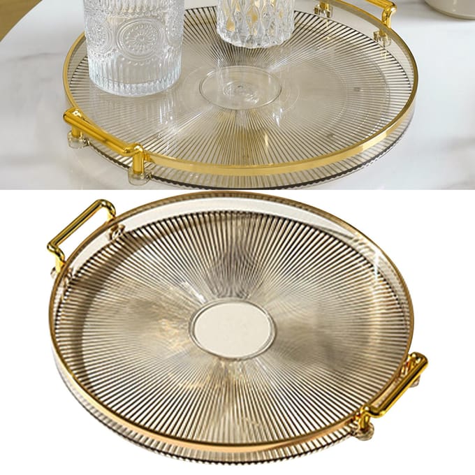 Ronde Dienblad met Handvatten Multifunctioneel Transparant Rond Serveerblad voor Brood Fruit Dessert Snack amber gouden kleur