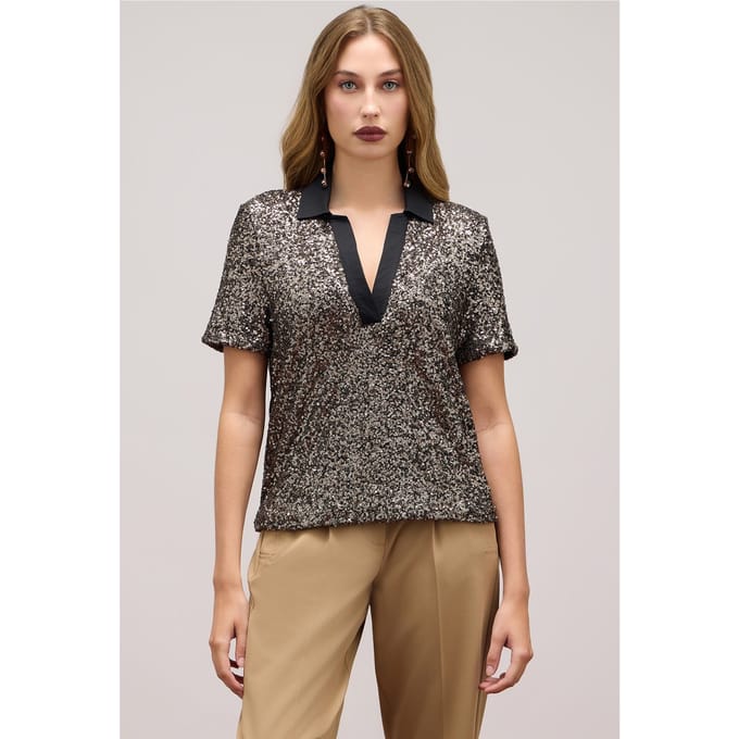 Oltre Full Sequined Polo Shirt Grey Größe: S | Poloshirts Outlet | Damen | Grau