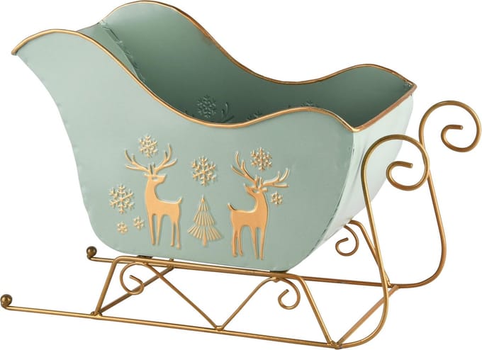 Dekoratief | Slee 'Snow Deer', mint/goud, metaal, 24x12x18cm | A245191