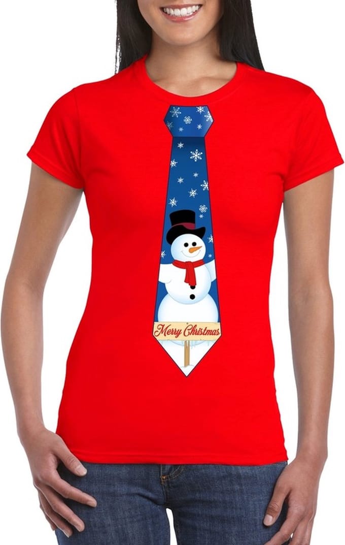 Rood kerst T-shirt voor dames - Sneeuwpoppen stropdas print M