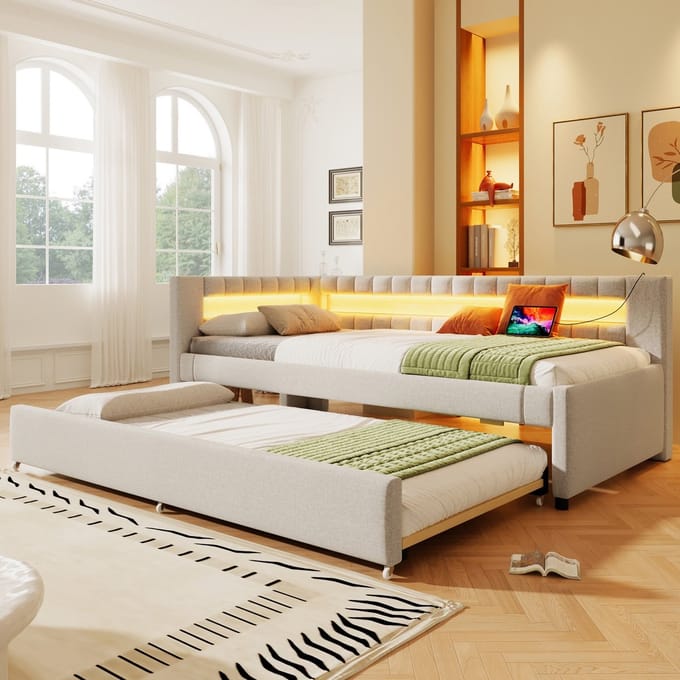 Sweiko Slaapbank - 90 x 200 cm - LED-verlichting - USB + Type-C - met Uitschuifbaar bed - Linnen - Beige