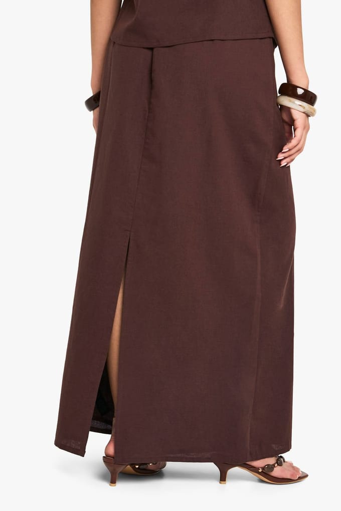 boohoo Dames Linnen Maxi-Rok met Split aan de Achterzijde | Chocolate | Maat: 6
