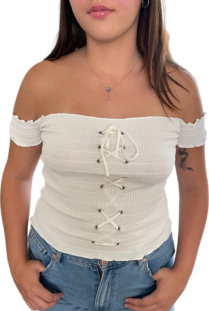 ASTRADAVI Casual Wear - Geribbelde Off-Shoulder Tops Dames - One Size (S/M) - Wit