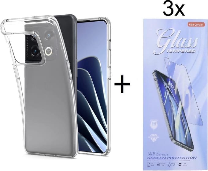 Hoesje Geschikt voor: OnePlus 10 Pro Silicone Transparant + 3X Tempered Glass Screenprotector - ZT Accessoires