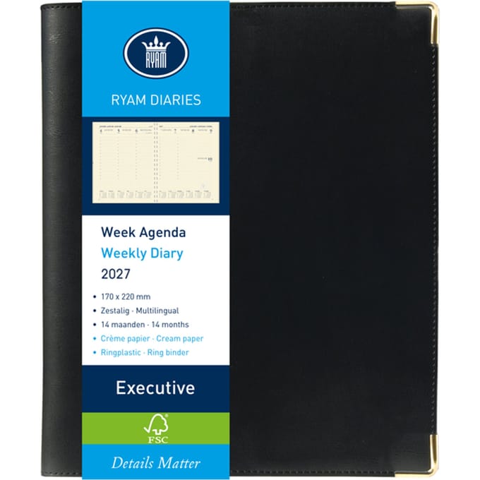Agenda 2027 Ryam Executive Nappa 7dagen/2pagina's ringplastic zwart