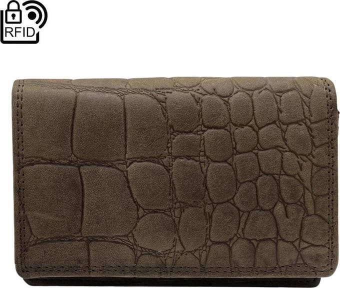 Leren portemonnee dames echt leer met croco print – Compact model – Dames portemonnee bruin Anti-Skim