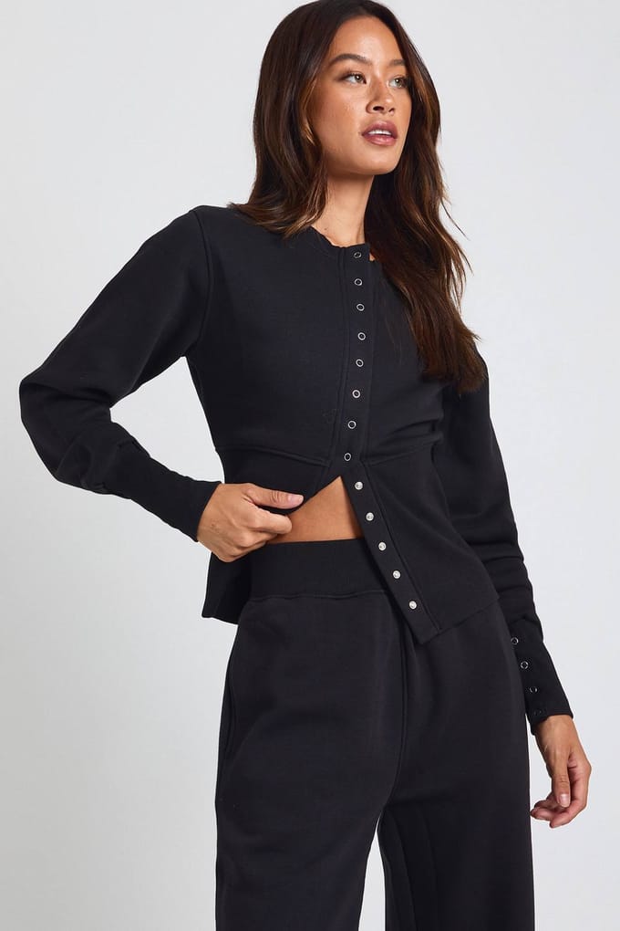 boohoo Dames Lang Diepe Zoom Drukknoop Bomber Sweatshirt Trainingspak | Zwart | Maat: Medium
