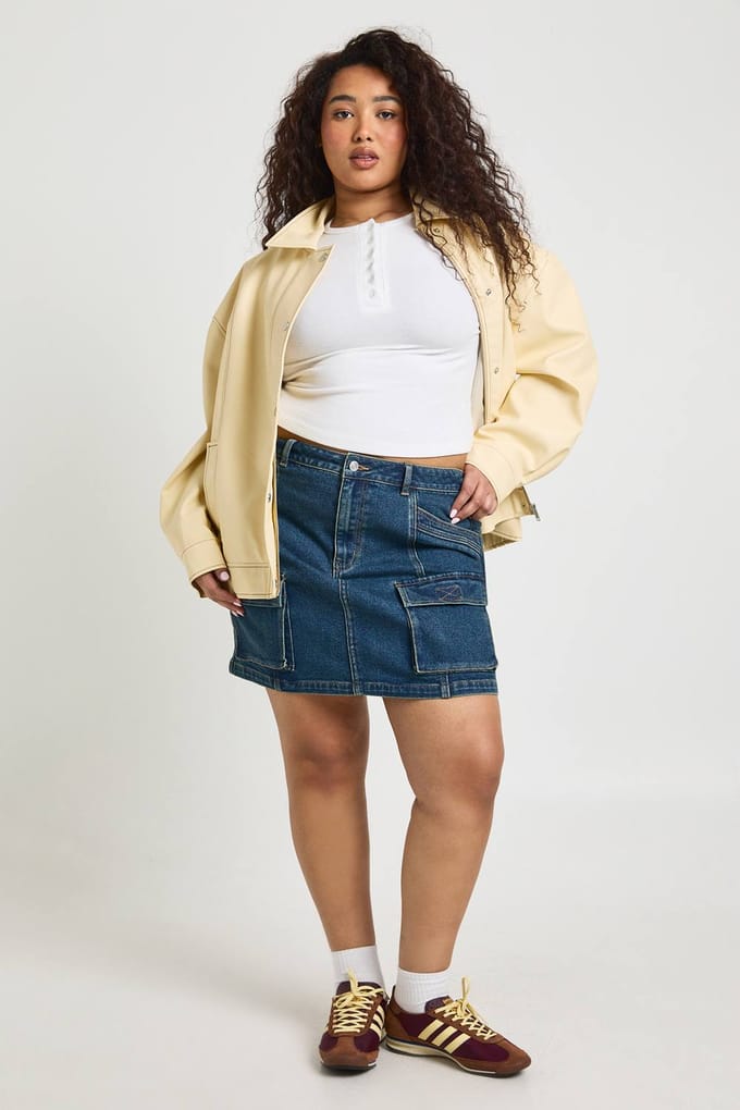 boohoo Dames Plus Cargo Denim Mini Rok | Vintage Was | Maat: 52