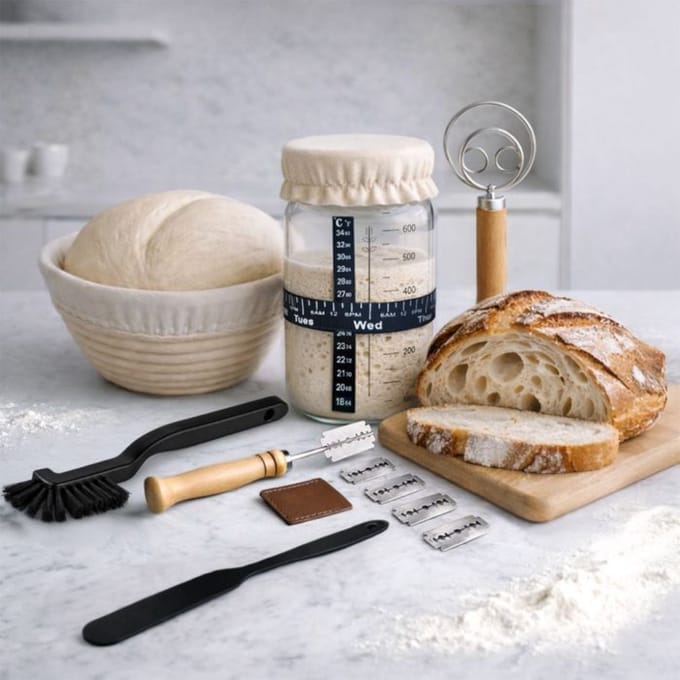 MikaMax Sourdough Starter Kit - Complete Zuurdesem Set met Starterpot, Rijsmand en Deegmes