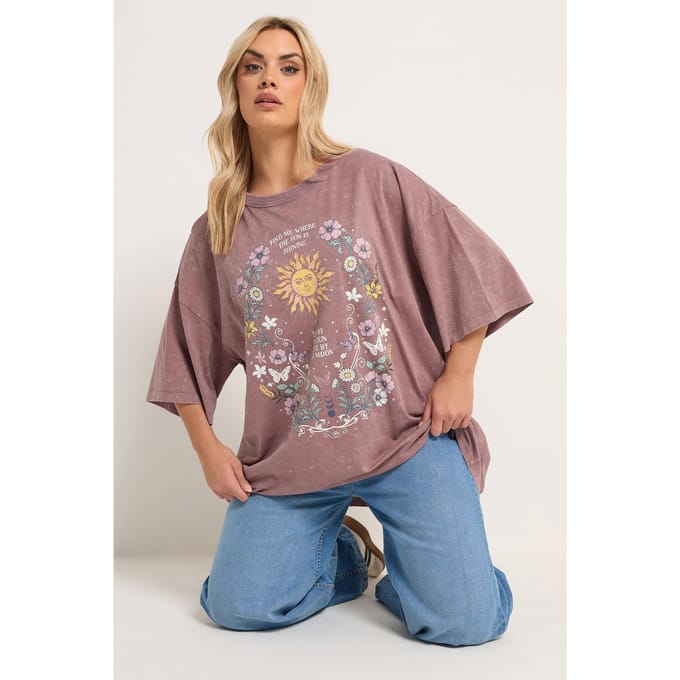 Yours Roze Tshirt Met Bloemen En Zonprint Boxy Size 58-60
