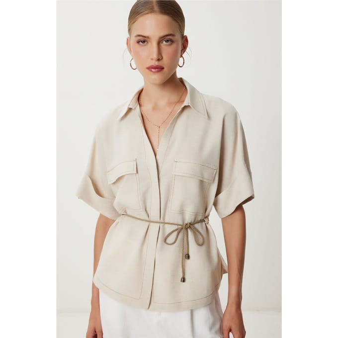 Losse Pasvorm Koordshirt met Binding Detail