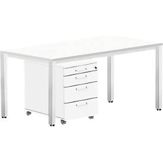 Complete set BEXXSTAR: Bureautafel B 1600 x D 800 mm - poot van vierkante buis + verrijdbaar ladeblok - wit