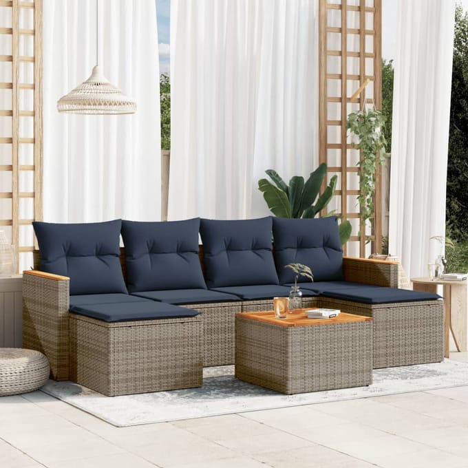 vidaXL - 7-delige - tuinbankset - met - kussens, - grijs - polyrotan