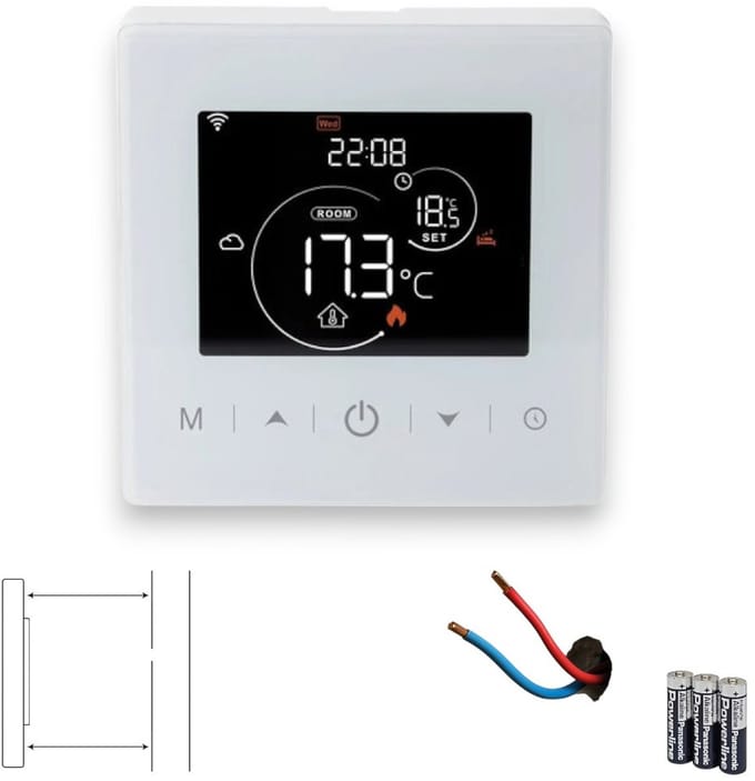 Slimme thermostaat voor cv | Wifi | Touchscreen | 2-draads aansluiting | Tuya Smart Life | Google Home & Alexa | Wit