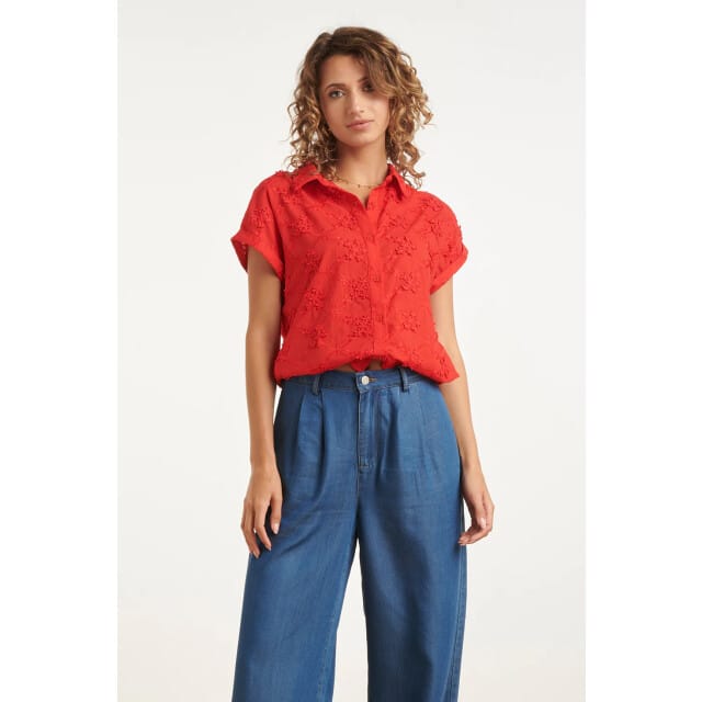 Smashed Lemon Blouse met bloemen borduursel en korte mouwen |