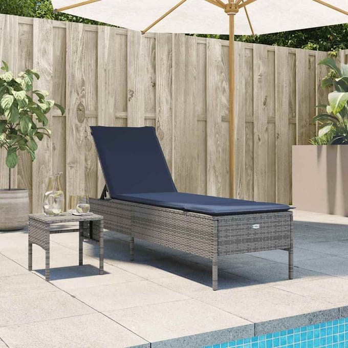vidaXL - Ligstoel - met - tafel - en - kussen, - grijs - polyrotan
