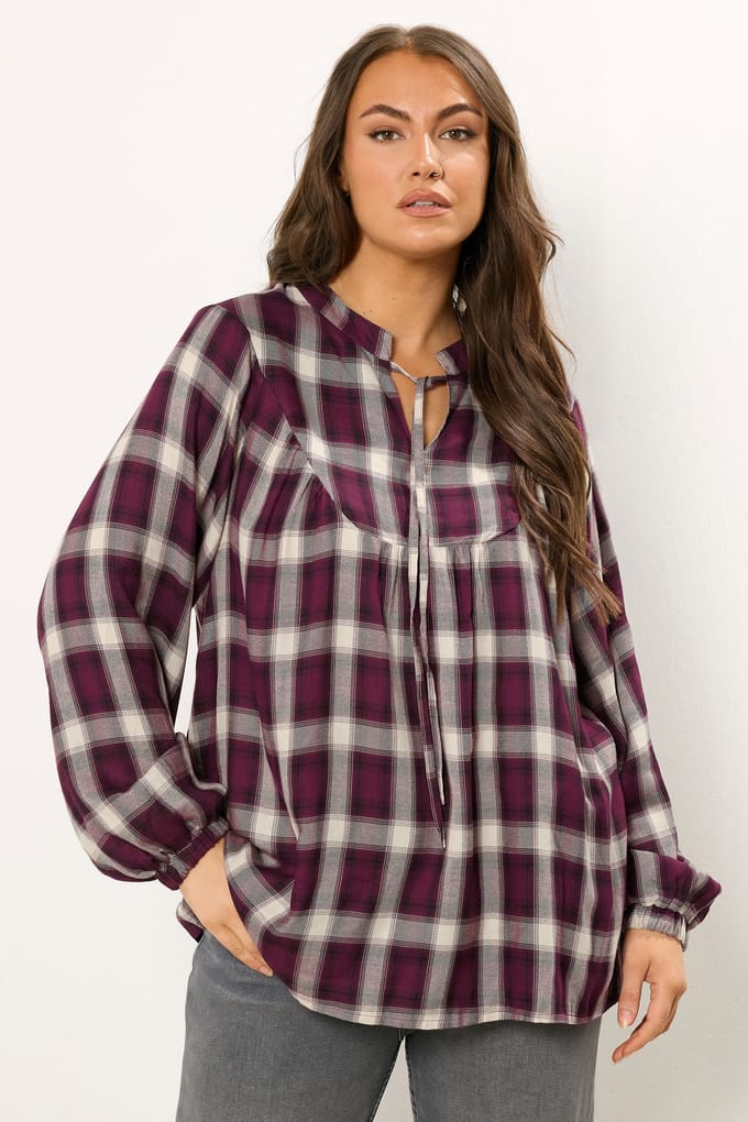 Yours Bordeauxrode Geruite Blouse Met Strikkraag Size 48