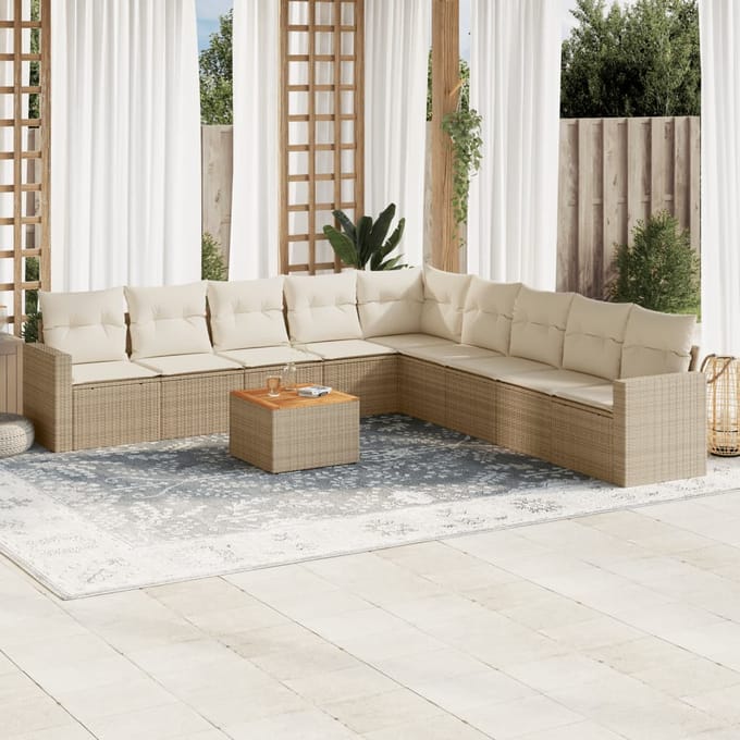 vidaXL - 10-delige - Loungeset - met - kussens - poly - rattan - beige