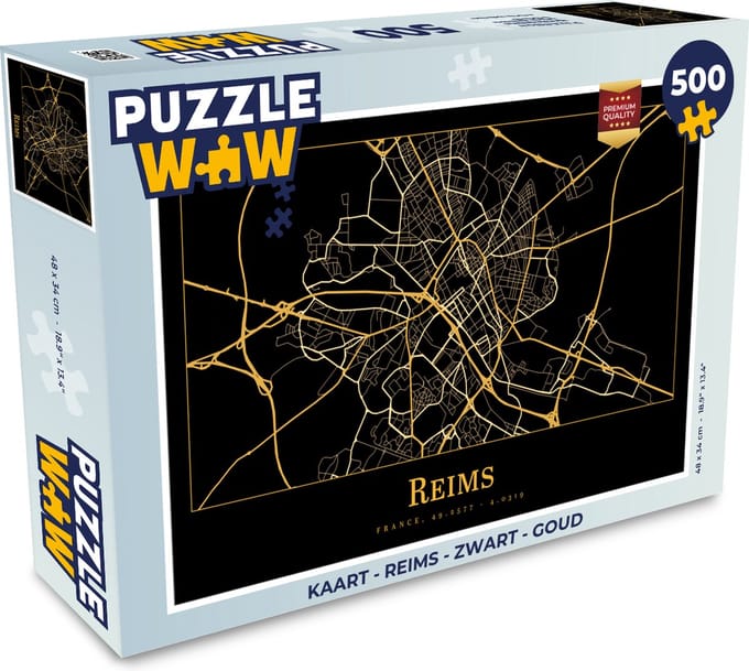 Puzzel Kaart - Reims - Zwart - Goud - Legpuzzel - Puzzel 500 stukjes
