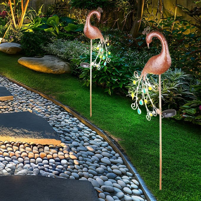 2x LED buiten solar spike lampen patio pad pauw lampen bronskleurig