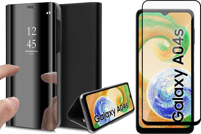 Hoesje geschikt voor Samsung Galaxy A04s / A13 5G - Screen Protector FullGuard - Book Case Spiegel Zwart & Screenprotector