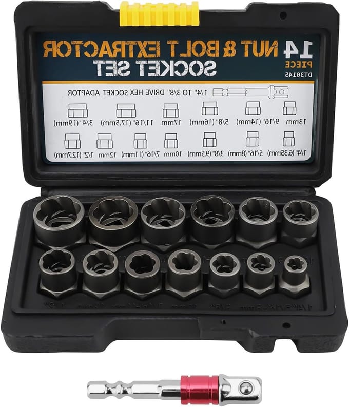 Complete Set van 14 Stuks voor het Verwijderen van Vastgeroeste Wieldoppen en Beschadigde Bouten, Inclusief Stripped Bolt Extractor en Locking Wheel Nut Tools